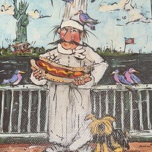 Charming Chef Illustration with Hot Dog and Birds